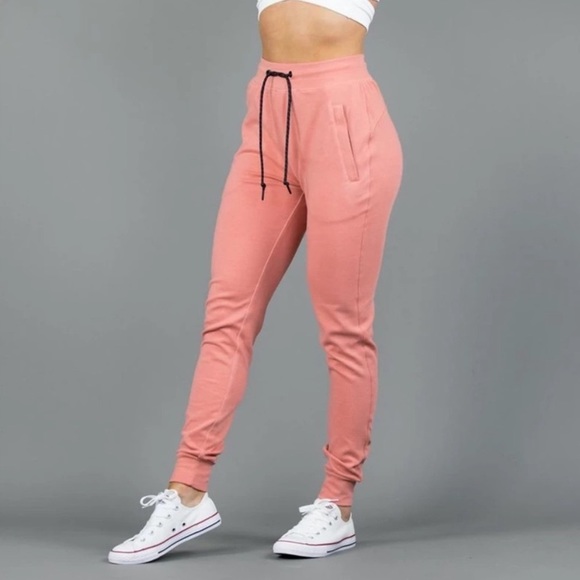High Waisted Pink Joggers with Black Drawstring - Picture 3 of 5